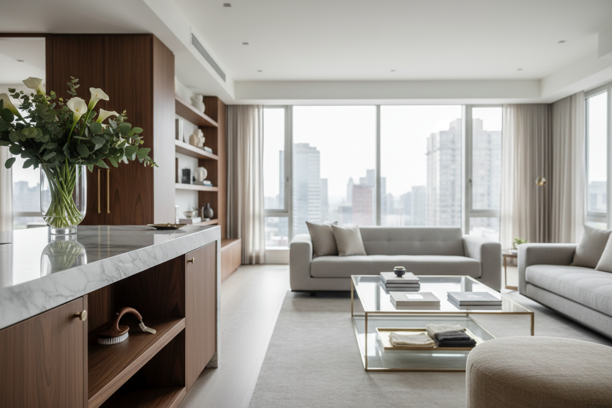 Create a high-end hero image for a luxury cleaning services brand called Stevenchy.

The scene should show a modern, upscale interior such as a luxury apartment or executive office, perfectly clean and calm. Surfaces are spotless, lighting is soft and natural, with a sense of order and quiet confidence.

Include subtle details that suggest professional cleaning without showing mess. Think folded microfiber cloths, discreet cleaning tools, polished glass, marble or wood finishes.

The mood should feel premiu