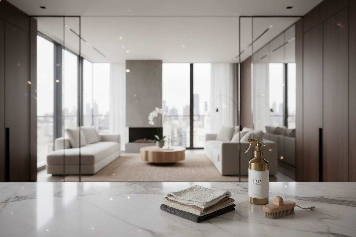 Create a high-end hero image for a luxury cleaning services brand called Stevenchy.

The scene should show a modern, upscale interior such as a luxury apartment or executive office, perfectly clean and calm. Surfaces are spotless, lighting is soft and natural, with a sense of order and quiet confidence.

Include subtle details that suggest professional cleaning without showing mess. Think folded microfiber cloths, discreet cleaning tools, polished glass, marble or wood finishes.

The mood should feel premiu