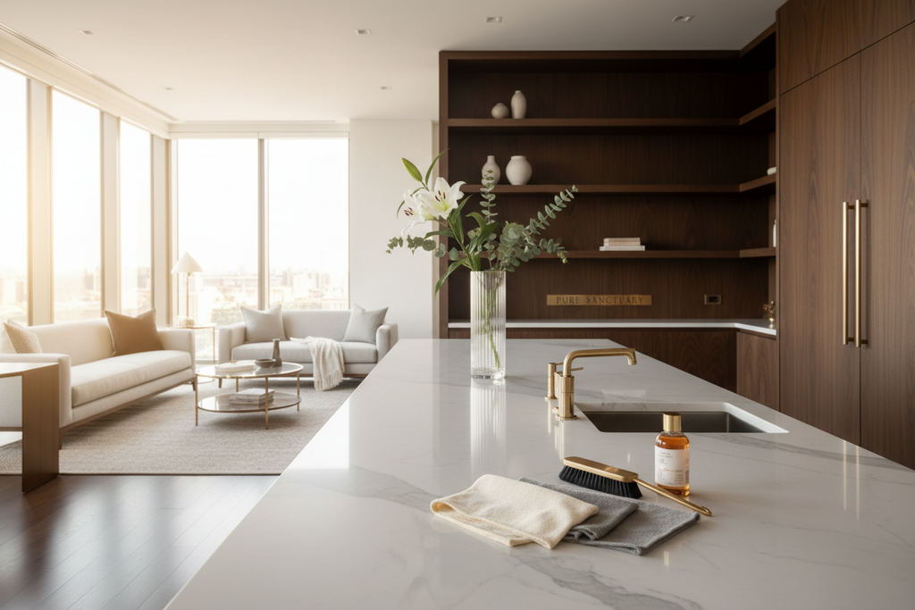 Create a high-end hero image for a luxury cleaning services brand called Stevenchy.

The scene should show a modern, upscale interior such as a luxury apartment or executive office, perfectly clean and calm. Surfaces are spotless, lighting is soft and natural, with a sense of order and quiet confidence.

Include subtle details that suggest professional cleaning without showing mess. Think folded microfiber cloths, discreet cleaning tools, polished glass, marble or wood finishes.

The mood should feel premiu